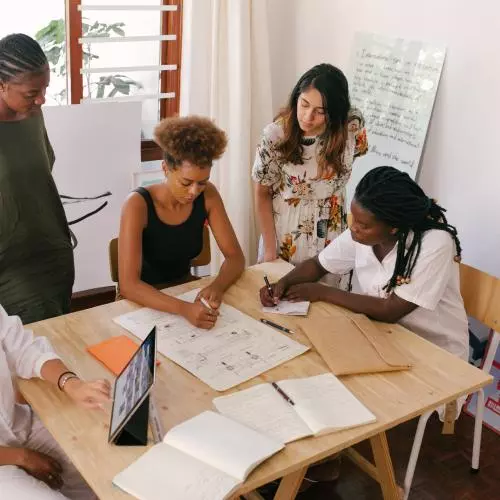 Photos of women in a meeting